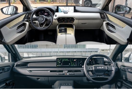 1st pic: Interior of mazda cx-90 and 2nd pic: interior of kia ev9